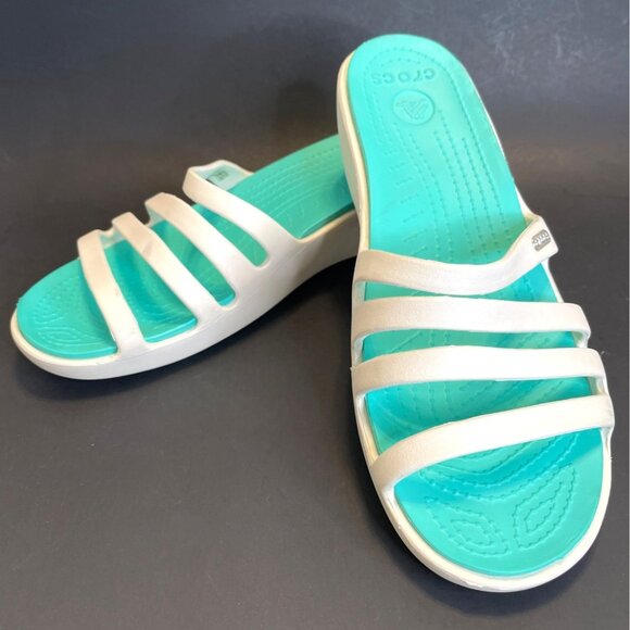 Slip On Sandals Straps Crocs White Green Water Shoes Slide Wedge Heel Size 10 - Picture 9 of 9